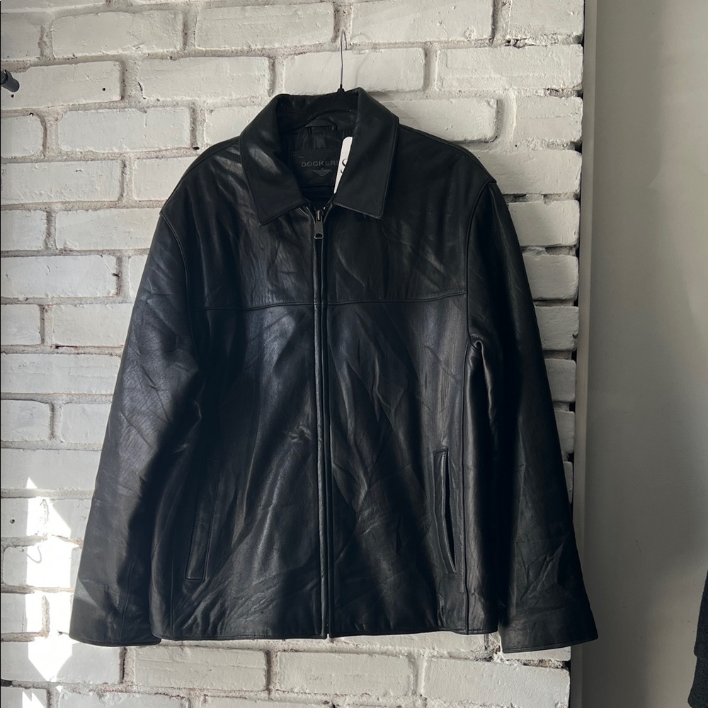 Dockers Black Leather Zip-Front Bomber Jacket collared relaxed fit